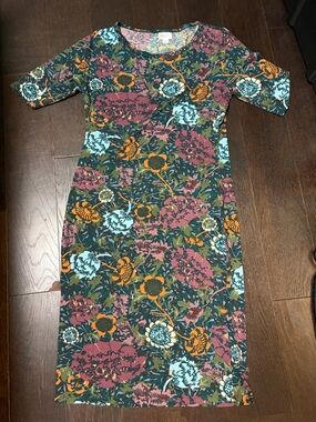 LuLaRoe Floral Scoop Neck Midi Dress in Teal, Mauve & Orange